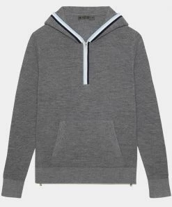 HOODED WAFFLE STITCH MERINO WOOL QUARTER ZIP SWEATER