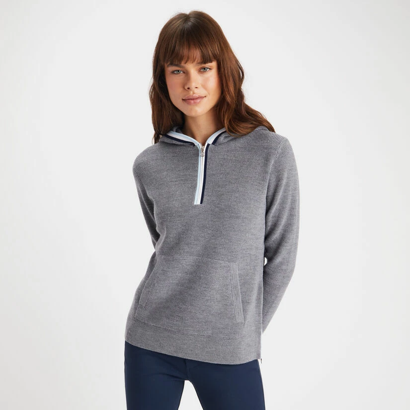 HOODED WAFFLE STITCH MERINO WOOL QUARTER ZIP SWEATER - Image 3